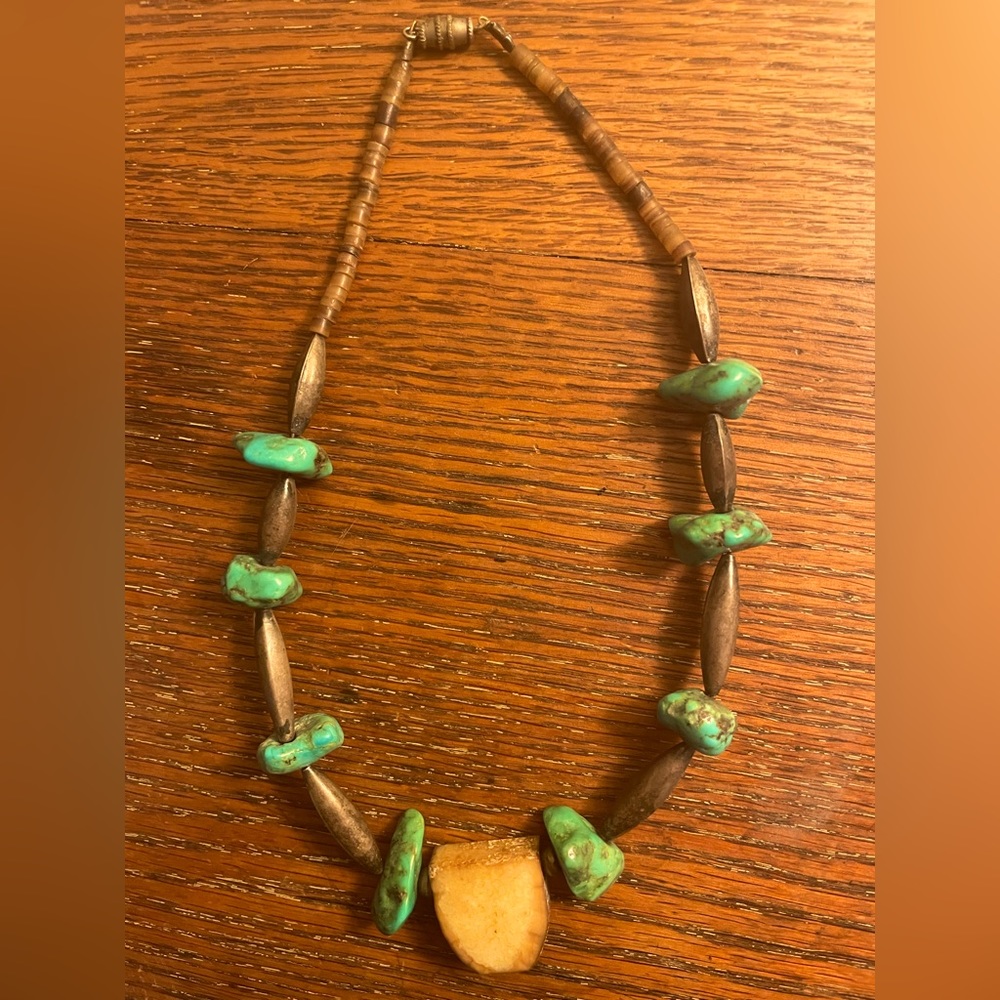 Vintage Sterling Turquoise And Bone Necklace/choker
